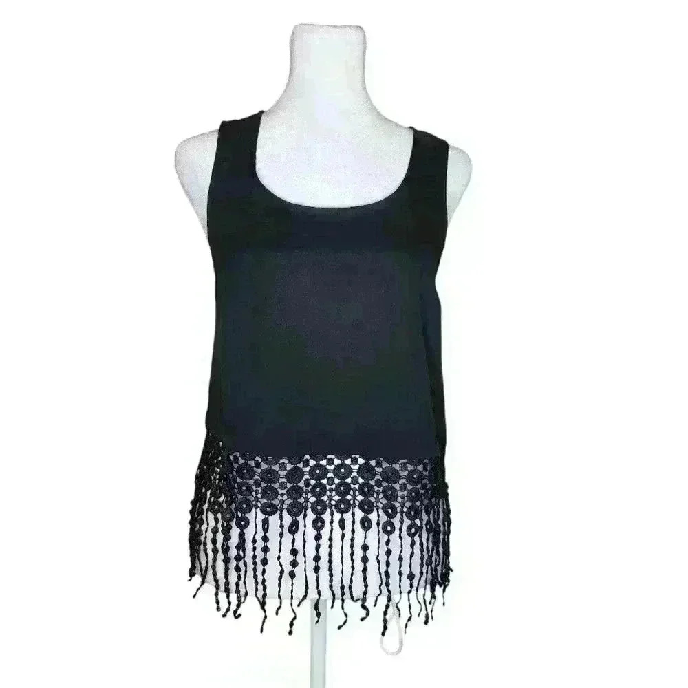 MONTEAU black boho crop top fringe Hem women's size Small